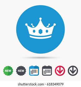 Crown icon. Royal throne leader symbol. Calendar, download arrow and new tag signs. Colored flat web icons. Vector