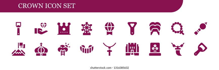 crown icon set. 18 filled crown icons.  Simple modern icons about  - Bottle opener, Jewelry, Crown, London eye, Prize, Dental, Rosary, Bladder pipe, Achievement, Success, Gum shield