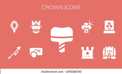 crown icon set. 9 filled crown icons. Included Dental implant, Reward, King, Lance, Necklace, Medieval, Award, Crown, Success icons