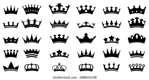 Crown icon set. Big collection. Black silhouette shape. Hand drawn. Modern design. Vector illustration. Stock image. 