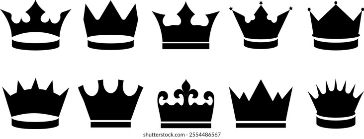  Crown icon set. Big collection different crowns. Black silhouette shape. Hand drawn. Modern design. Vector illustration.