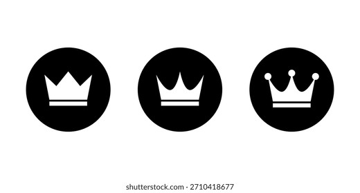 Icono de la corona establecido en círculo negro. Símbolo de Regalías, prima y liderazgo