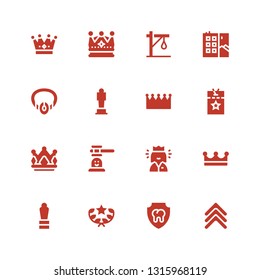 crown icon set. Collection of 16 filled crown icons included Rank, Dental, Award, Crown, Queen, Hammer game, Vip pass, Necklace, Graffiti, Gallows