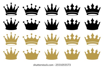 Crown icon set. collection of quolity crowns. Black and gold crown diverse design isolated on white background. Royals crown symbol silhouette.