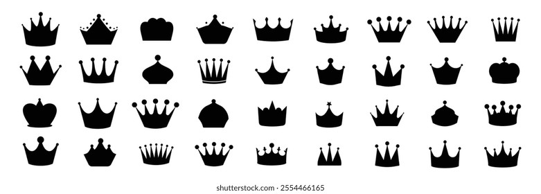 Crown icon set. collection of quolity crowns. royals crown symbol silhouette, luxury symbols, black crown silhouettes, diverse crowns designs, isolated on white background