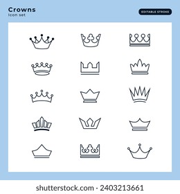 Crown icon set. Collection of vector illustrations of crowns of kings and reindeer.  Silhouette, editable icon