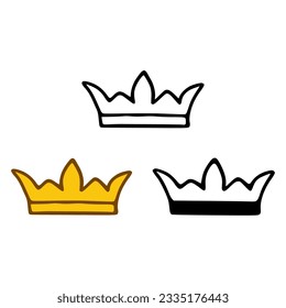 Icono de la corona establecido en estilos de doodles aislados en fondo blanco. Signo real o reina, símbolo de autoridad