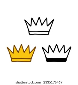 Crown icon set in doodles styles isolated on white background. Royal or queen sign, authority symbol
