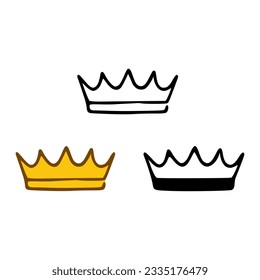 Crown icon set in doodles styles isolated on white background. Royal or queen sign, authority symbol