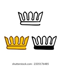 Crown icon set in doodles styles isolated on white background. Royal or queen sign, authority symbol