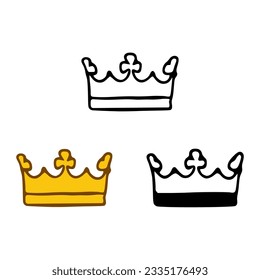 Crown icon set in doodles styles isolated on white background. Royal or queen sign, authority symbol