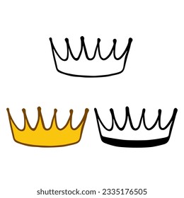 Crown icon set in doodles styles isolated on white background. Royal or queen sign, authority symbol