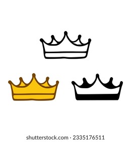 Icono de la corona establecido en estilos de doodles aislados en fondo blanco. Signo real o reina, símbolo de autoridad