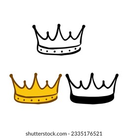 Icono de la corona establecido en estilos de doodles aislados en fondo blanco. Signo real o reina, símbolo de autoridad