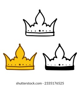 Crown icon set in doodles styles isolated on white background. Royal or queen sign, authority symbol