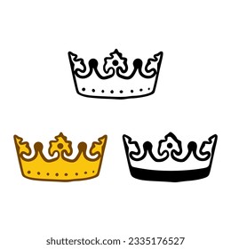 Icono de la corona establecido en estilos de doodles aislados en fondo blanco. Signo real o reina, símbolo de autoridad
