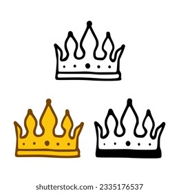 Crown icon set in doodles styles isolated on white background. Royal or queen sign, authority symbol