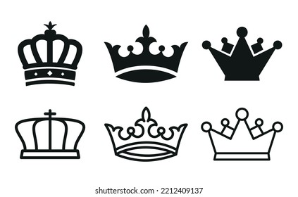 Crown Icon Set Flat Style. Royal Crown Symbol Collection Vector Illustration. King and Queen Crowns.