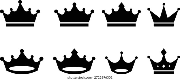 Crown icon set. King and queen headwear icons. Winner Coronation Symbols. Champion crown icon. Imperial status graphic design.
