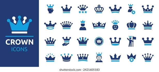 Crown icon set. King symbol, luxury, VIP, premium, queen and royalty vector sign collection.