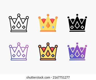 Crown icon set with line, outline, flat, filled, glyph, color, gradient. Editable stroke and pixel perfect. Can be used for digital product, presentation, print design and more.