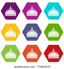 Crown icon set many color hexahedron isolated on white vector illustration