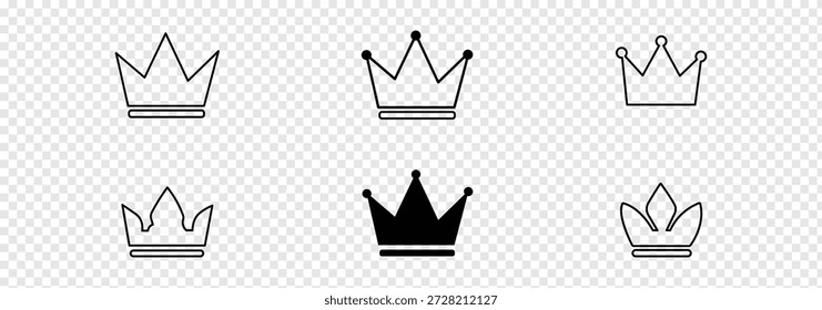 Conjunto de iconos de corona. Rey real o reina corona la colección. Elemento de logotipo de lujo. Monarca heráldico símbolo de poder y majestad. Ilustración vectorial de silueta dorada y negra. trofeo, diamante, medalla, estrella