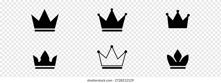 Conjunto de ícones da coroa. Coleção real de coroas de rei ou rainha. Elemento de logotipo de luxo. Monarca heráldico símbolo de poder e majestade. ilustração de vetor de silhueta dourada e preta. troféu, diamante, medalha, estrela