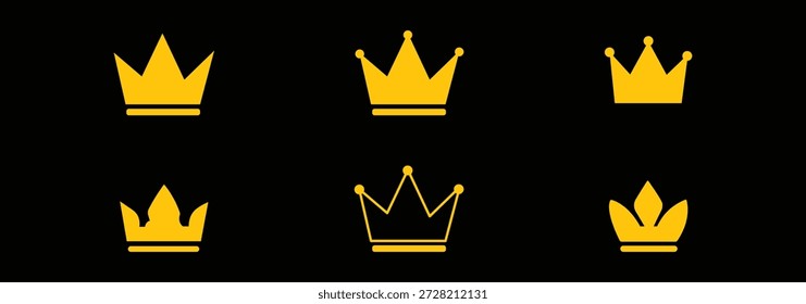 Conjunto de iconos de corona. Rey real o reina corona la colección. Elemento de logotipo de lujo. Monarca heráldico símbolo de poder y majestad. Ilustración vectorial de silueta dorada y negra. trofeo, diamante, medalla, estrella