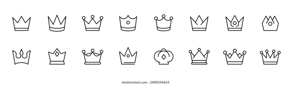 Conjunto de iconos de la corona. Icono de la línea de la corona real. Juego de corona real. Trazo editable. Ilustración vectorial.