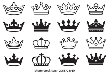 Crown icon set. Royal crown symbol collection in different thin line style. flat crown icon. vector illustration
