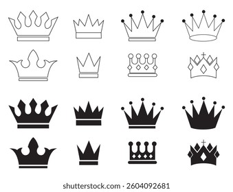Crown icon set, Royal crown symbol collection, Collection of crown silhouette.