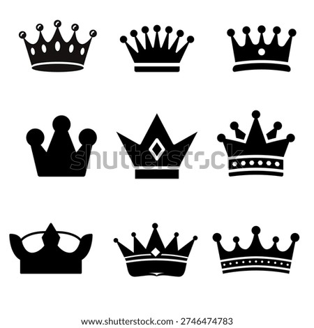 Crown Icon Set. Royalty And Monarchy Emblem Symbols. Black Vintage Heraldic Graphics. Editable Vector EPS Bundle