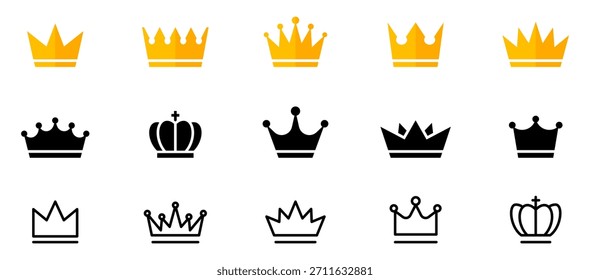 Conjunto de iconos de corona. Corona de silueta plana, glifo e iconos de línea colección. Símbolo de la corona. Ilustración vectorial.