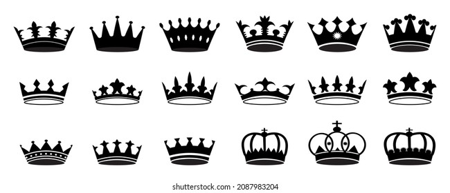 Crown icon set. Silhouette shape. Hand drawn. Decoration element. Modern design. Vector illustration. Stock image. 