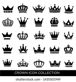 Crown Icon Set Vector, 25 Symbol Black Crown Illustration In White Background  