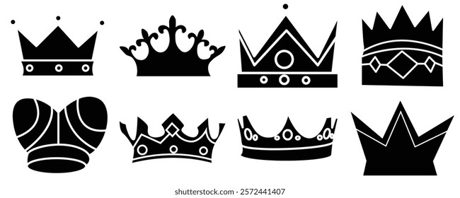 Crown icon set. Vector royal king’s Crown silhouette.