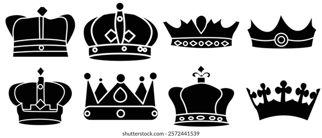 Crown icon set. Vector royal king’s Crown silhouette.