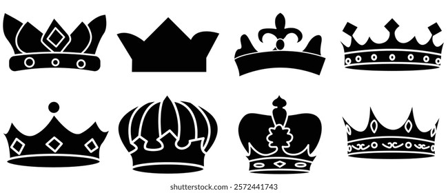 Crown icon set. Vector royal king’s Crown silhouette.