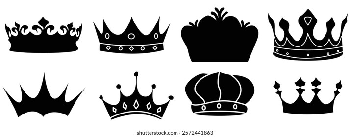 Crown icon set. Vector royal king’s Crown silhouette.