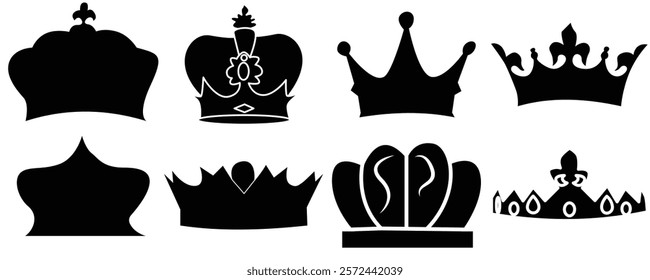 Crown icon set. Vector royal king’s Crown silhouette.