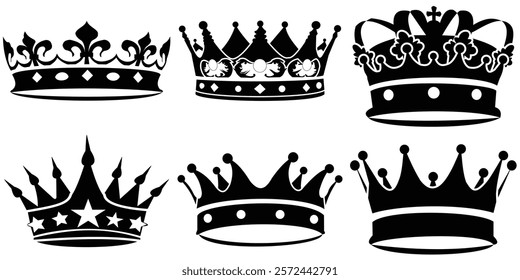 Crown icon set. Vector royal king’s Crown silhouette.