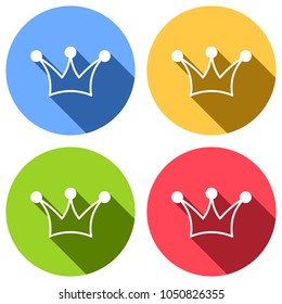 Crown icon. Set of white icons with long shadow on blue, orange, green and red colored circles. Sticker style