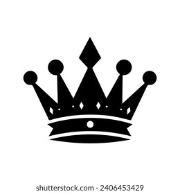 Crown Icon. A simple, black silhouette of a royal crown. Vector illustration isolated on white background. Ideal for logos, emblems, insignia. Can be used in branding, web design.
