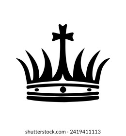 Crown Icon. A simple, black silhouette of a royal crown. Vector illustration isolated on white background. Ideal for logos, emblems, insignia. Can be used in branding, web design. 