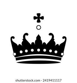 Crown Icon. A simple, black silhouette of a royal crown. Vector illustration isolated on white background. Ideal for logos, emblems, insignia. Can be used in branding, web design. 