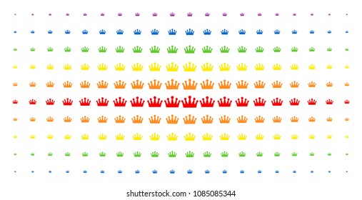 Crown icon spectrum halftone pattern. Vector crown items are organized into halftone matrix with vertical rainbow colors gradient. Designed for backgrounds, covers, templates and abstract concepts.
