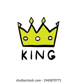 Crown icon. The text is king. Black outline linear sketch drawing. Vector simple flat graphic hand drawn illustration. The isolated object on a white background. Isolate.