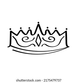 Crown icon vector in doodle style. Outlines royal family sign. Simple diadems for princess. Luxury accessories for prince. Imperial attributes as graffiti hand drawn. King and queen crown as sketch. 