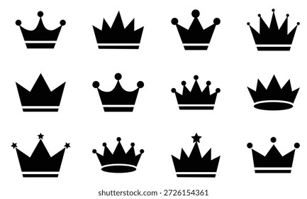Crown icon vector set. Crowns icon symbols set collection. Silhouette of king and queen royal crowns set. Vector illustration.